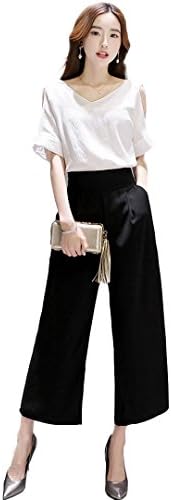 Bienen Women Concealed Zipper High Waisted Two Piece T-Shirt Long Leg Wide Pants Set Capris Culottes(X-Large)