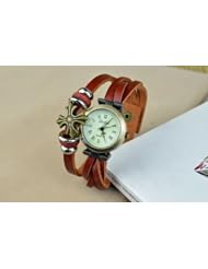 KANO BAK(TM) Lucky Beads Four Leaves Clover Flower Vintage Wrap Around Press Button Leather Retro Bracelet Woman Unisex Wrist Gift Watch