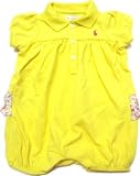 Ralph Lauren Infant Girls Bright Yellow Romper with Flowered Ruffle on Bottom, Pink Pony