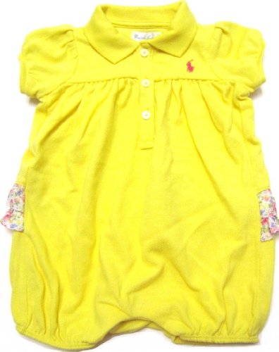 Ralph Lauren Infant Girls Bright Yellow Romper with Flowered Ruffle on Bottom, Pink Pony