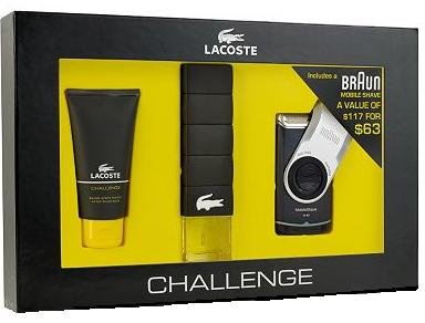 Lacoste Challenge by Lacoste for Men - 3 Pc Gift Set 3oz EDT Spray, 2.5oz After Shave Balm, Braun Mobile Shave