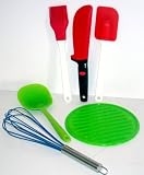 6 ustensiles de cuisine - Lot Cadeau en silicone: 1 couteau flexible, 1 spatule, 1 pinceau à pâtisserie, 1 fouet, 1 grande cuillère + 1 dessous de plat - 10 ans de Garantie