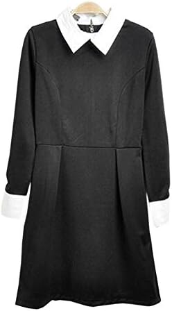 Women Star Style Solid Black Collar Long Sleeve Short Dress, L