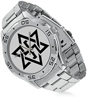Cool Six Pointed Star Raelian Swastika Hexigram Custom Men's Stainless Steel Analog Watch Sliver Metal Case, Tempered Glass, Leather Band