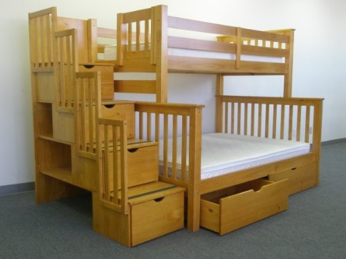 Stairway Bunk Bed Twin over Full in Honey with 4 Drawers Built in to the Steps and 2 Under Bed Drawers
