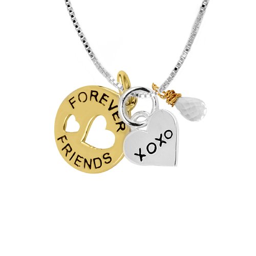 14k Yellow Gold Plated Sterling Silver “Forever Friends” and “XOXO” “Two-Tone” Charm Necklace with Crystal, 18″