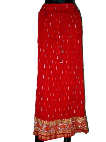 Red Crinkle Cotton Women Skirt Boho Gypsy Block Print 38