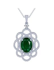 14K White Gold Oval Cut Emerald And Round Diamond Pendant