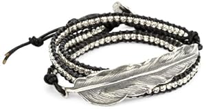 M.Cohen Handmade Designs Silver Feather and Silver Beads On Black Triple Wrap Bracelet