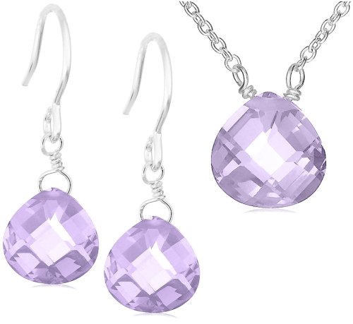 Sterling Silver Light Purple Glass Briolette Earrings and Pendant Set