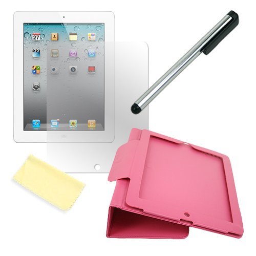 HDE (TM) Hot Pink Rose PU Leather Case Accessory Kit Compatible with Apple® iPad2 + Microfiber Cloth