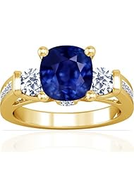 18K Yellow Gold Cushion Cut Blue Sapphire Ring With Sidestones
