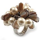 Faux Pearl & Shell Cluster Silver Tone Ring (Ivory & Antique White)