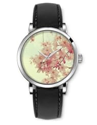 SPRAWL Aanalog Fashion Series Silver Ladies Watches of Genuine Black Leather Strap,Unique Wrist Watch for Women Girls Designed with Peach Tree