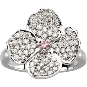 14K White Gold Natural Pink and White Diamond Floral Right-Hand Ring – 0.75 Ct.