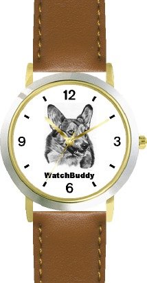 Corgi (SC) Dog - WATCHBUDDY® CLASSIC DELUXE TWO-TONE THEME WATCH - Arabic Numbers-Brown Leather Strap-Size-Large ( Men