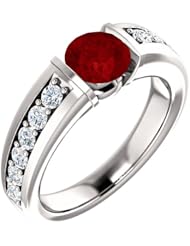 18K White Gold 6.00mm Round Cut Chatham Created Ruby and Diamond Ring -- LIFETIME WARRANTY