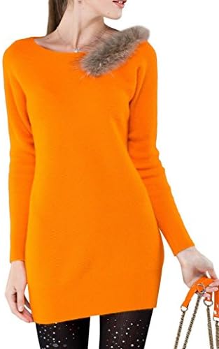 FOUQ Women's Top Grade Mink Cashmere Pullover Slim Mid Sweater with Fox Fur Bright Yellow M