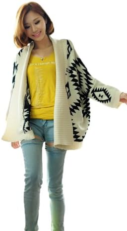Women White Aztec Oversized Open Front Loose Sweater Cape Cardigan Coat Tops