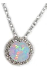 Simulated Opal & Diamond Round Pendant .925 Sterling Silver Rhodium Finish
