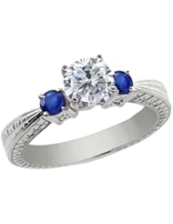 1.26 Ct Round H/I Diamond Blue Sapphire 18K White Gold 3-Stone Ring