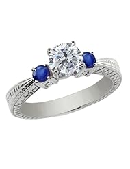 1.26 Ct Round H/I Diamond Blue Sapphire 925 Sterling Silver 3-Stone Ring