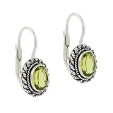 Sterling Silver .925 Genuine Peridot Stone Oval Twist Border Dangle LeverBack Lever Back Earrings