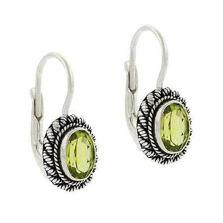 Sterling Silver .925 Genuine Peridot Stone Oval Twist Border Dangle LeverBack Lever Back Earrings