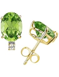 11X8mm Oval Peridot and Diamond Stud Earrings in 14K Yellow Gold