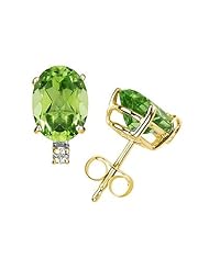 10X8mm Oval Peridot and Diamond Stud Earrings in 14K Yellow Gold