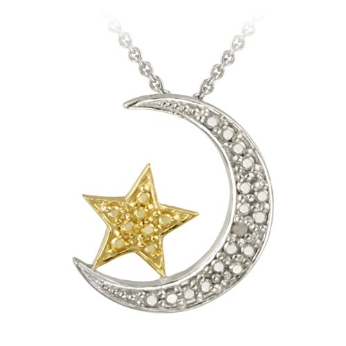 18k Gold Plated and Sterling Silver Diamond-Accented Moon and Star Pendant Necklace 18