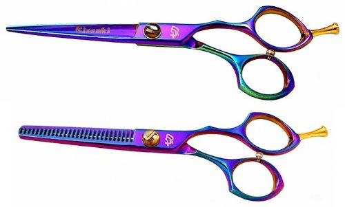 Kissaki Pro Hair Purple-Blue-Green Titanium Ha-Watari 6 Hair Cutting Shears and Kesho-Yasuri 28 tooth Thinning Scissors Combo