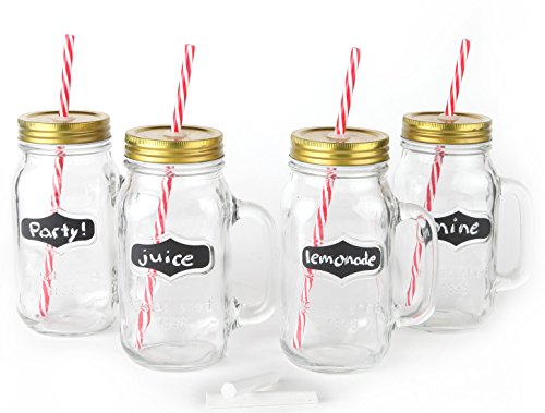 Large mason jar mugs with handle, tin lid and plastic straws. 24 …
