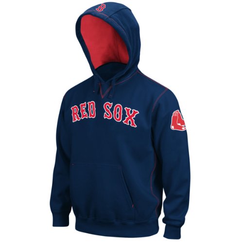 MLB Boston Red Sox Adult Long Sleeve Hood Fleece Pull Over (Athletic Navy/Athletic Red, Large)