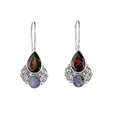 Sterling Silver Garnet & Opal Dangle Earrings by Sajen