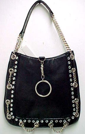 Black Satchel Handbag Rhinestone Patent Trim