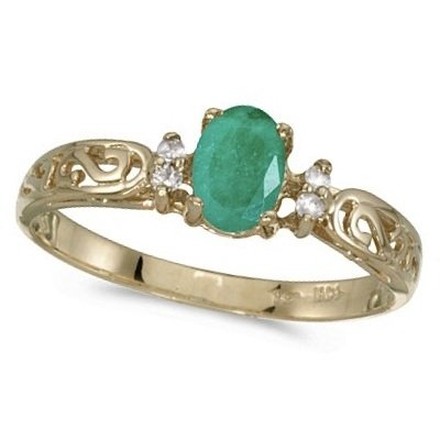 Emerald and Diamond Filigree Ring Antique Style 14k White Gold