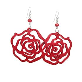Olive N Figs Sterling Silver Blooming Rose Wood Dangle Earrings - Red