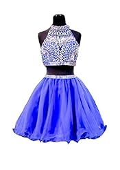  Beaded Sequined Crystals Crystal Open-Back Halter Tulle Short Homecoming Dress  With Ruffles