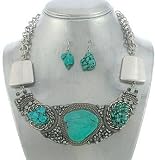 Unique Fashion Leader X-Wide Genuine Stone, Chain and Crystal Necklace and Earrings Set Silver Tone