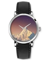 SPRAWL Aanalog Fashion Series Silver Ladies Watches of Genuine Black Leather Strap,Unique Wrist Watch for Women Girls Designed with Snow mountains