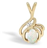 14K Yellow Gold Genuine Oval Opal and Diamond Pendant