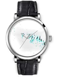 SPRAWL Aanalog Fashion Series Silver Ladies Watches of Genuine Black Leather Strap,Unique Wrist Watch for Women Girls Designed with Splashing blue cyan and black