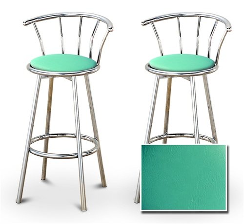 2 Turquoise Vinyl Specialty / Custom Chrome Barstools with Backrest Set