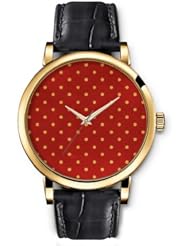 SPRAWL Aanalog Fashion Series Gold Ladies Watches of Genuine Black Leather Strap,Unique Wrist Watch for Women Girls Designed with Yellow dots on red background