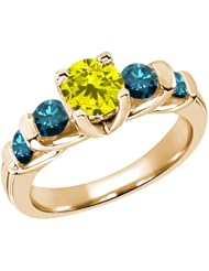 1.68 Ct Round Canary and Blue Diamond 18K Yellow Gold Ring
