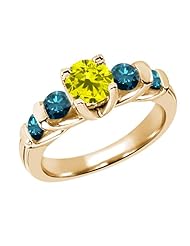1.68 Ct Round Canary and Blue Diamond 14K Yellow Gold Ring