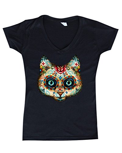 Shop4Ever® Day of Dead CAT Women V-Neck Day of Dead Shirts #17020 SLIM FIT