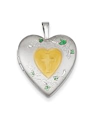 Sterling Silver Gold-plated Cross Enamel Leaves 20mm Heart Locket