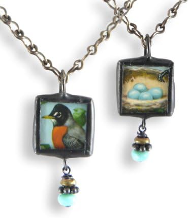 Robin/Robin's Eggs Handmade Reversible Pendant Necklace